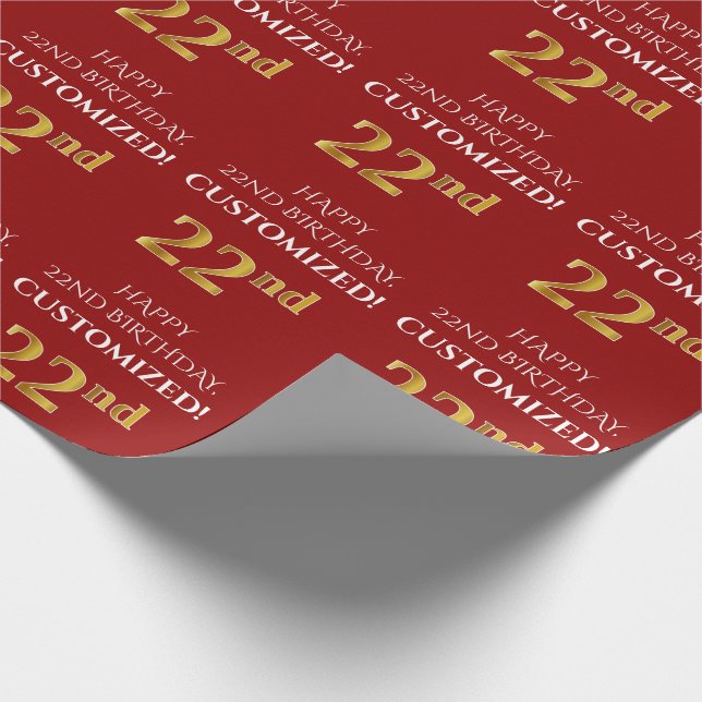 22:a födelsedag: Elegant, rött, faux Guld-utseende Presentpapper (Hörn)