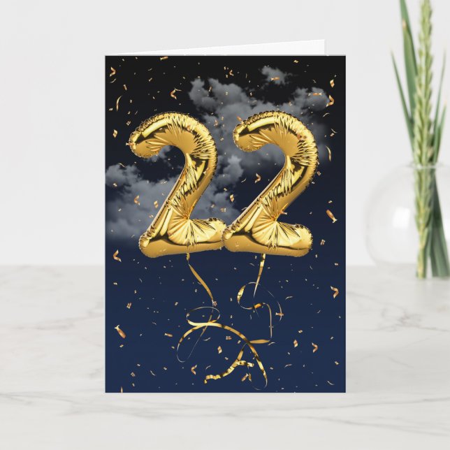 22:a födelsedag Guld Mylar Balloon och Konfetti Ca Kort (Framsida)