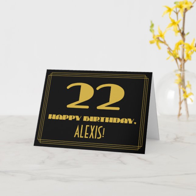 22:a födelsedagen: Namn + Art Deco Inspired Titta  Kort (Gul blomma)