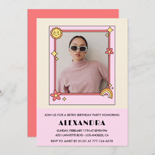 22:a födelsedagsinbjudan Retro Groovy Rosa Blommig Inbjudningar (Fram/baksida)