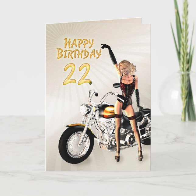 22:a födelsedagskort med motorcykelflicka kort (Framsida)