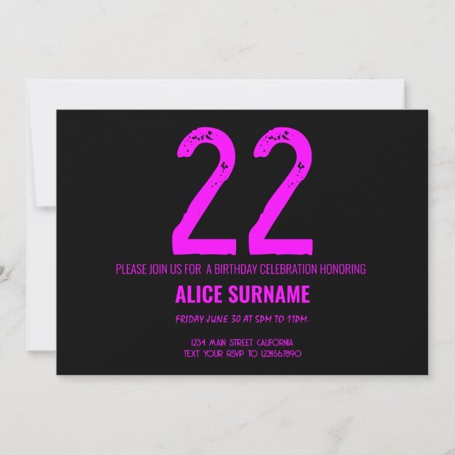 22-årsdag Enkel Rosa Typografi  Inbjudningar (Framsida)