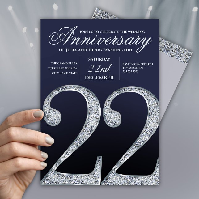 22-årsjubileum Diamant Silver Mörkblå År Inbjudningar (Skapare uppladdad)