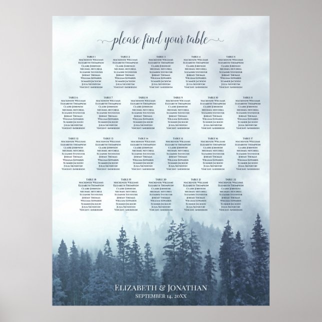 22 Bord Blå Tallar Bröllop Placeringsplan Poster (Framsidan)