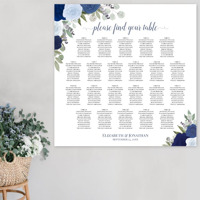 22 Bord Blue Boho Blommigt Bröllop Sittplatsdiagra Poster (In Situ on Wall)