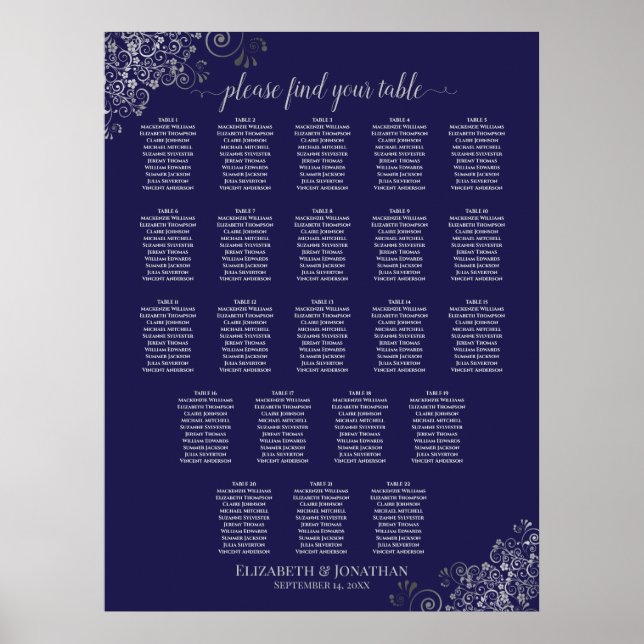 22 Bord Bröllop, marschdiagram, marinblå och Grått Poster (Framsidan)