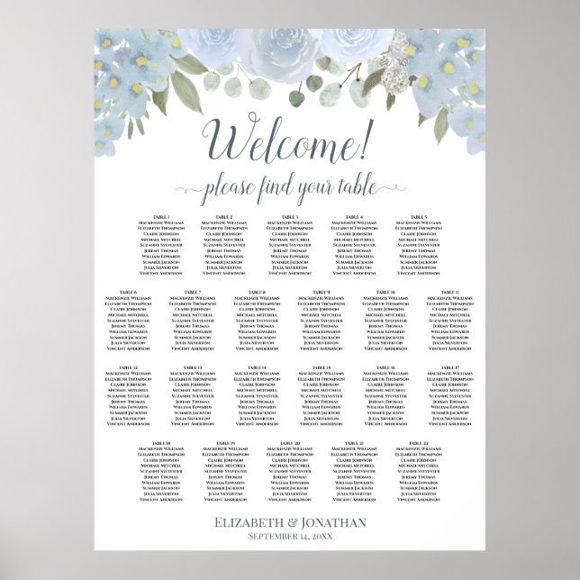 22 Bord Dammtor Blå Blommig Bröllops Sittplan Poster (Framsidan)