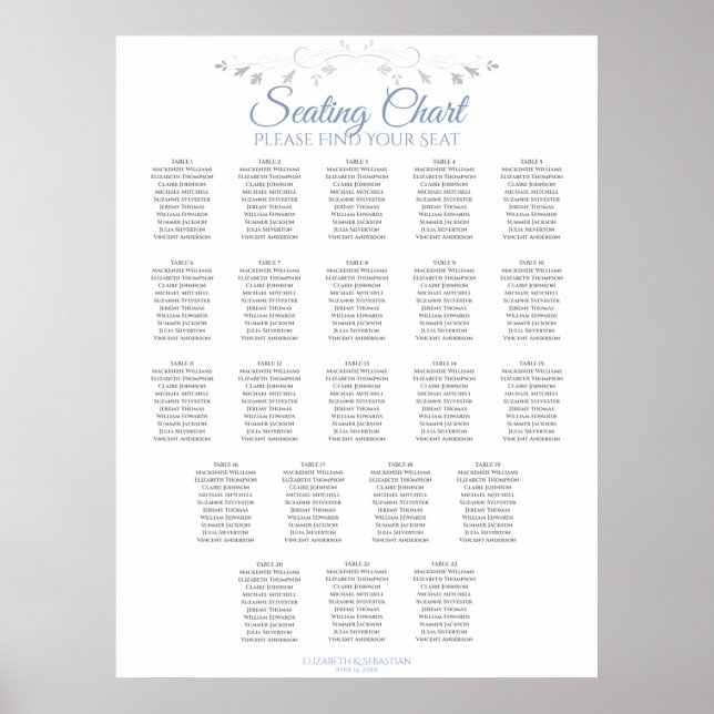 22 Bord, Elegant, blå och Grått, Bröllop, sittdiag Poster (Framsidan)