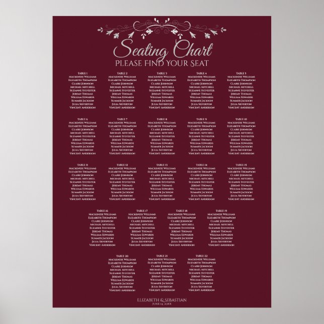 22 Bord Elegant Burgundy Bröllop-sittplatsdiagram Poster (Framsidan)