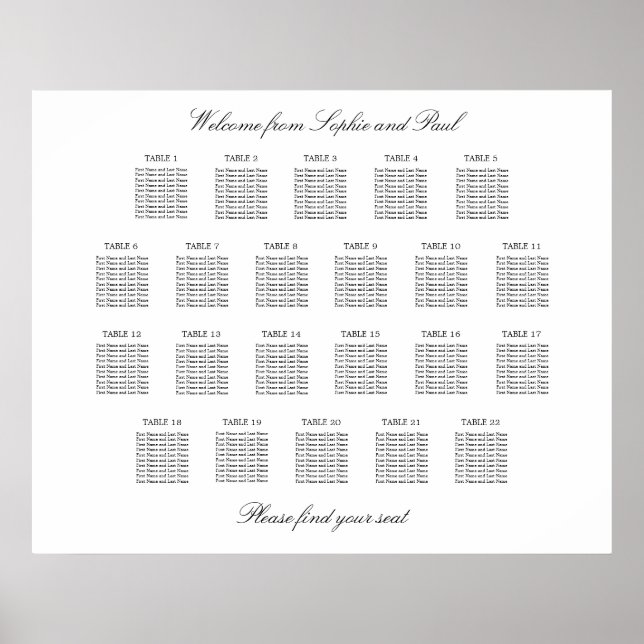 22 Bord Elegant Minimalistisk Placeringsplan Poster (Framsidan)