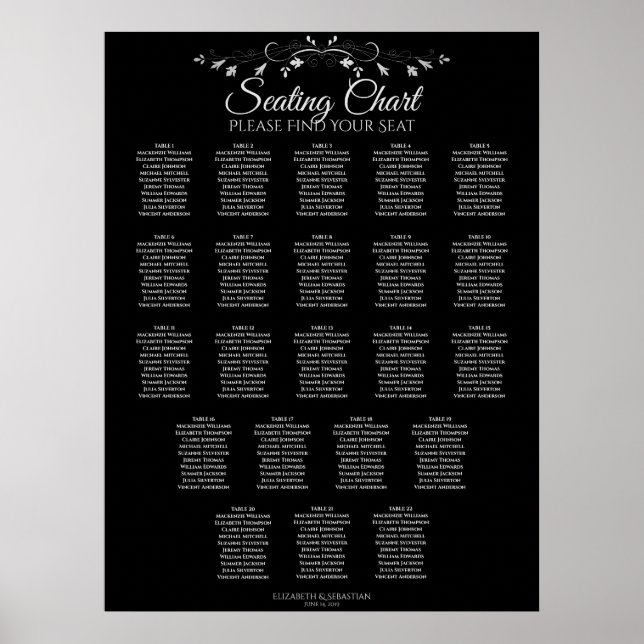 22 Bord Elegant svart sittplatsplan för Bröllop Poster (Framsidan)