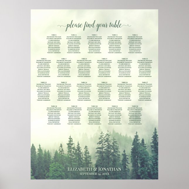 22 Bord Gröna Tallträd Bröllops Placeringsplan Poster (Framsidan)