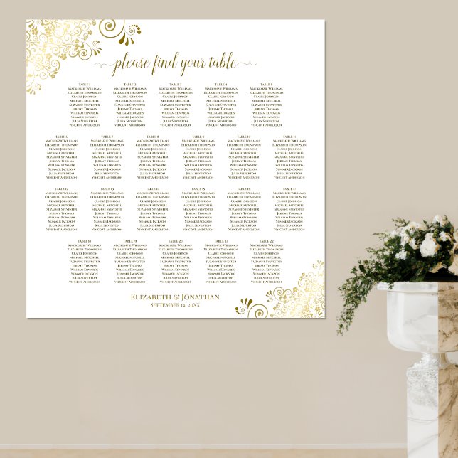 22 Bord Lacy Guld på Vit Bröllopsplatskarta Poster (Skapare uppladdad)