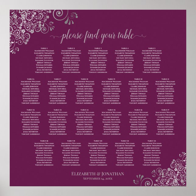 22 Bord Lacy Silver Cassis Bröllopsplatskarta Poster (Framsidan)