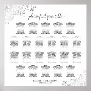 22 Bord Lacy Silver Vit Bröllopsplatskarta Poster