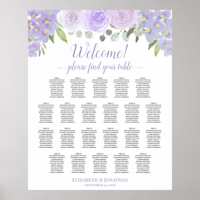 22 Bord Lavender Blommigt Bröllop Sittplatsdiagram Poster (Framsidan)