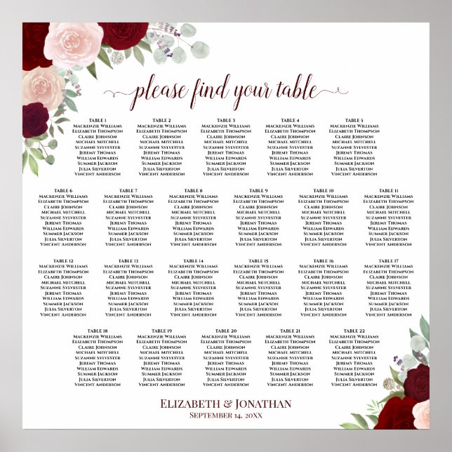 22 Bord Röd & Rosa Blommig Bröllopsplatskarta Poster (Framsidan)