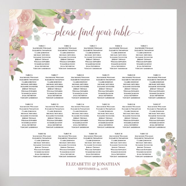 22 Bord Rustic Rosa Blommigt Bröllop Poster (Framsidan)