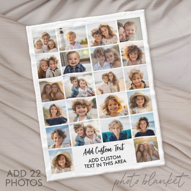 22 Fotokollage - Vitt med text Fleecefilt (Custom Fleece Blanket with Photo Collage for Family and Friends)