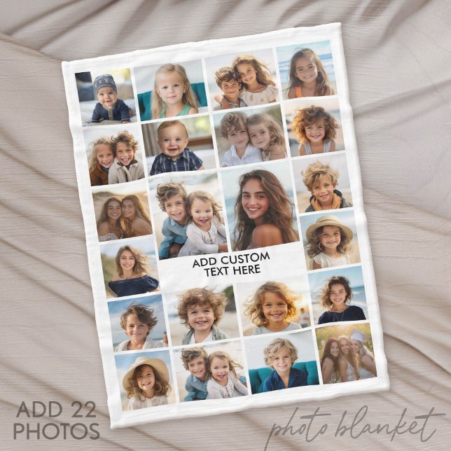 22 Fotokollage - Vitt med text Fleecefilt (Custom Fleece Blanket with Photo Collage for Family and Friends)