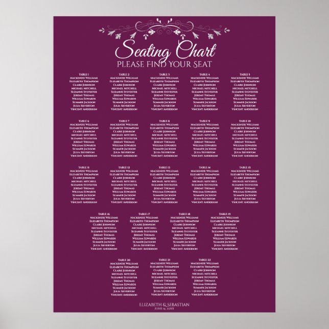 22 sittplatsdiagram för Elegant Cassis Bröllop Poster (Framsidan)