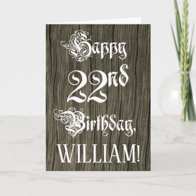 22nd Birthday: Fancy, Elegant Text; Faux Wood Look Kort (Framsida)