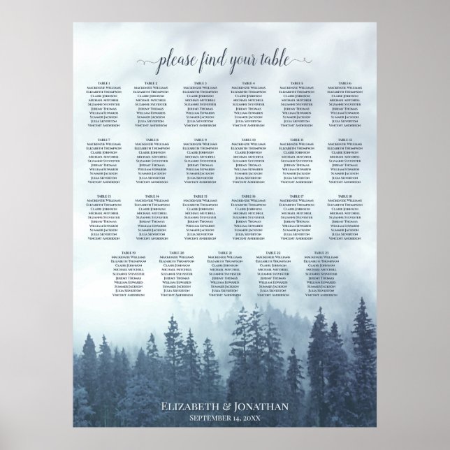 23 Bord Blå Bergstallar Bröllopsplatskarta Poster (Framsidan)