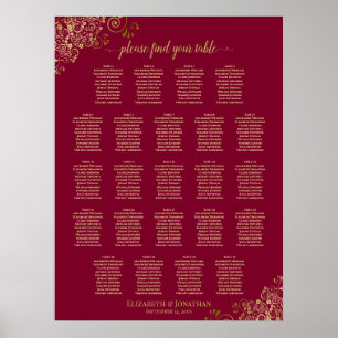 23 Bord Elegant Burgundy & Guld Placeringsplan Poster