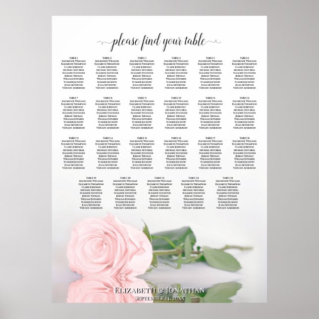 23 Bord Elegant Rosa Ros Bröllopsplatskarta Poster (Framsidan)
