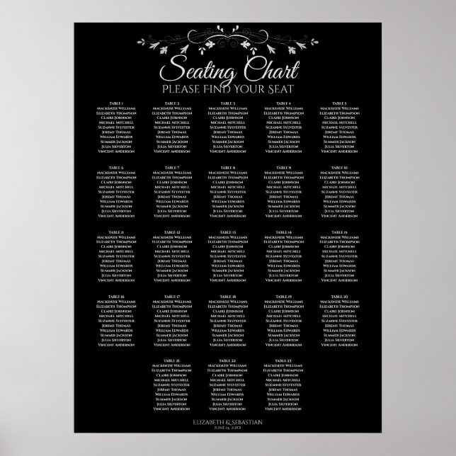23 Bord Elegant svart sittplatsplan för Bröllop Poster (Framsidan)