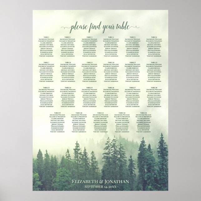 23 Bord Grön Berg Tall Bröllops Sittplatskarta Poster (Framsidan)