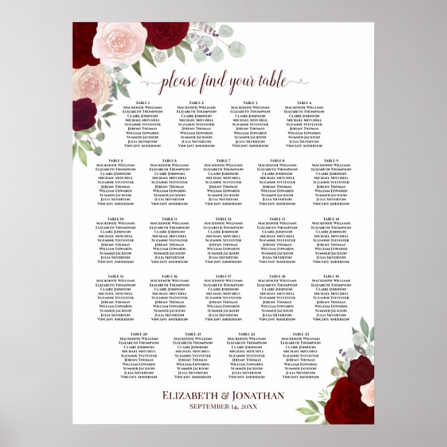 23 Bord Röd & Rosa Blommig Bröllopsställning Poster (Framsidan)