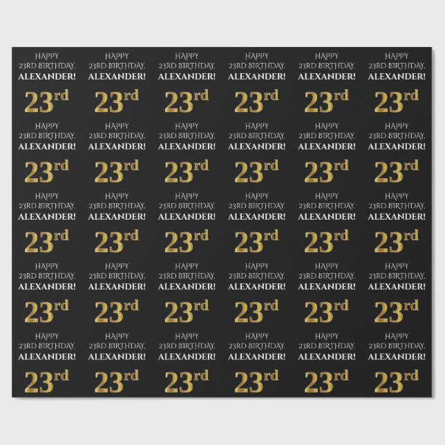 23:e födelsedag: Elegant, svart, faux Guld-utseend Presentpapper (Platt)