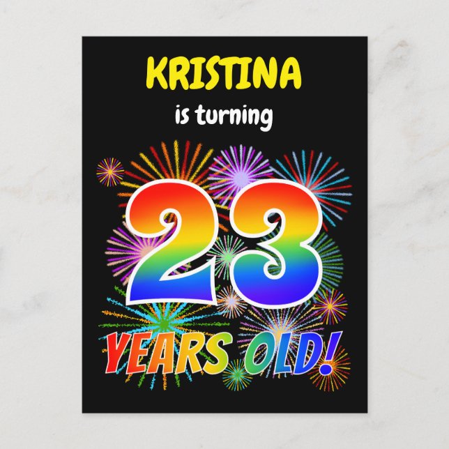 23:e födelsedagen - Roligt Fireworks, regnbåge "23 Vykort (Framsida)