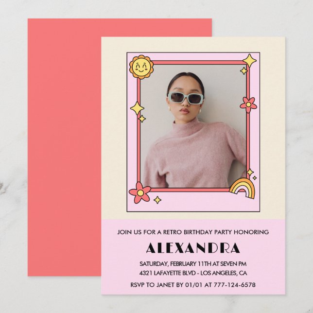 23:e födelsedagsinbjudan Retro Groovy Rosa Blommig Inbjudningar (Fram/baksida)