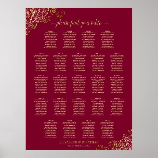 23 Elegant Burgundy & Guld-sätesdiagram för Bord Poster (Framsidan)