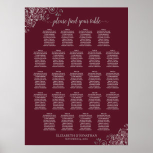 23 Sätesdiagram för Bord Burgundy och Silver Bröll Poster