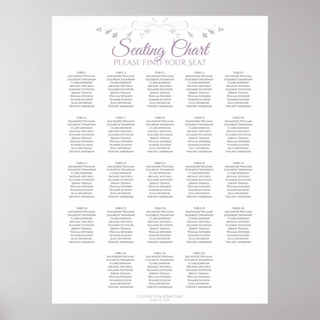 23 Sätesdiagram för Lila och Grått Bröllop Poster (Framsidan)