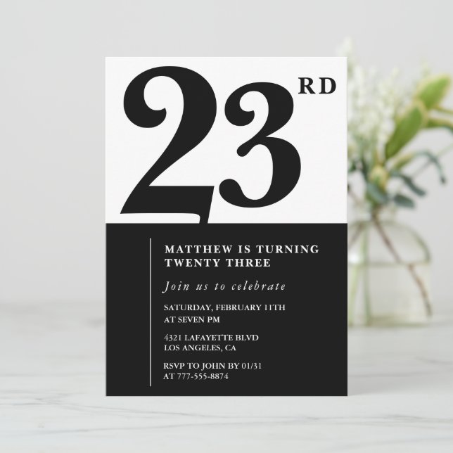 23rd birthday invitations Black and White Elegant Inbjudningar (Stående Fram)