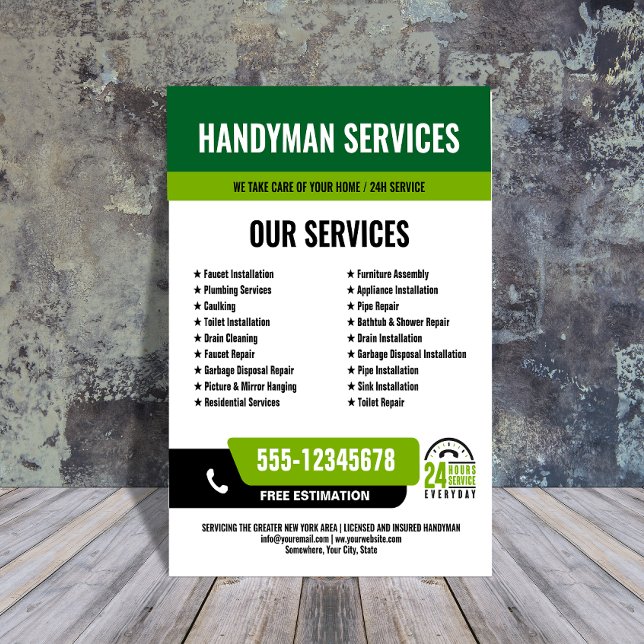 24/7 BLACK-GRÖNT för Handymans- och rörledningstjä Reklamblad (Skapare uppladdad)