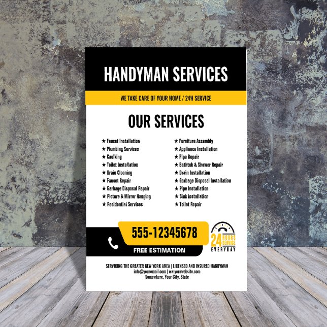 24/7 BLACK-GULT för Handymans- och rörledningstjän Reklamblad (Skapare uppladdad)