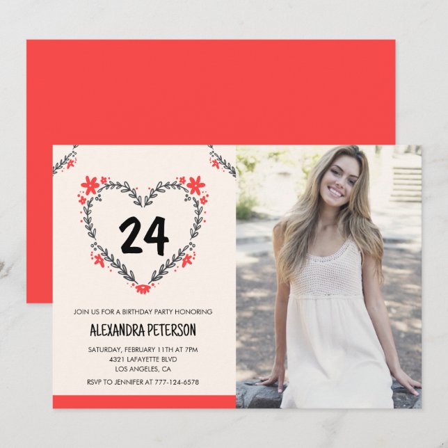 24-års inbjudningar till henne Blommig Hjarta (Fram/baksida)