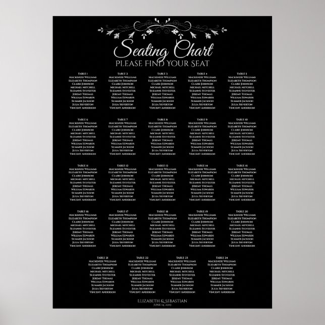 24 Bord Elegant svart sittplatsplan för Bröllop Poster (Framsidan)