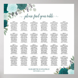 24 Bord Elegant Teal Ro Bröllop, sittplatsplan Poster