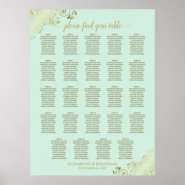 24 Bord Mint Grönt och sätesdiagram för Guld Bröll Poster (Framsidan)