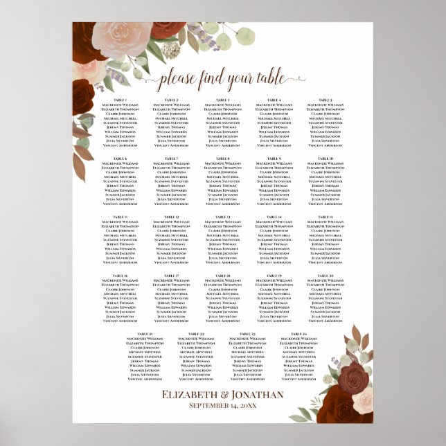 24 Bord Orange Höst Blommig Bröllops Sittplatskart Poster (Framsidan)