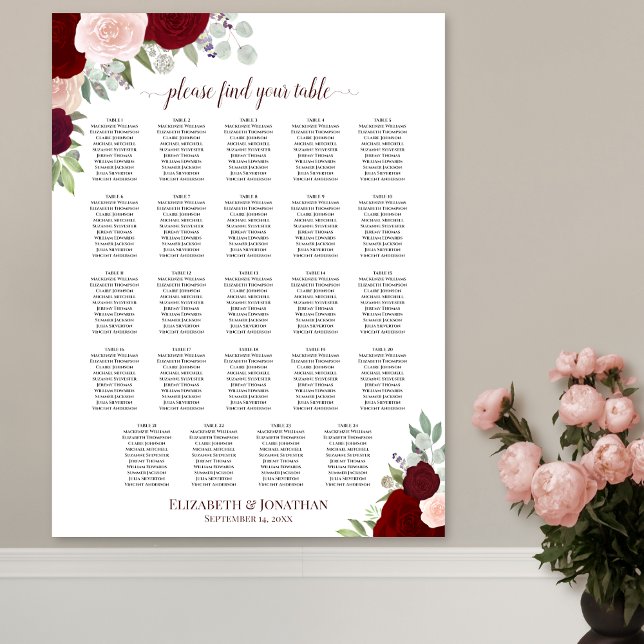 24 Bord Red & Rosa Blommigt Bröllop Sittdiagram Poster (In Situ on Wall with Flowers)