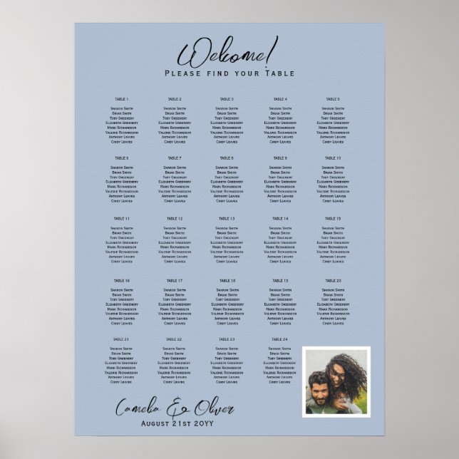 24 Bord Rustic Dusty Blue PHOTO SEATING CHART Poster (Framsidan)