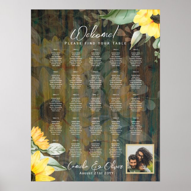 24 Bord Rustic Wood SUNFLOWERS FOTO SEATING Poster (Framsidan)