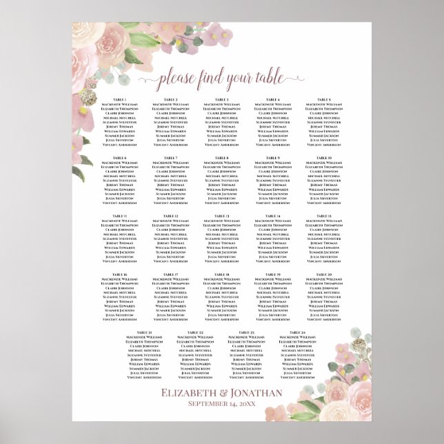 24 Bord Rustik Rosa Blommig Bröllopsplatskarta Poster (Framsidan)